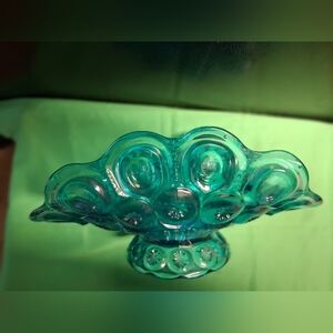 Vintage LE Smith Moon & Stars Glass Low Banana Boat Fruit Bowl 9.5in Blue Dish